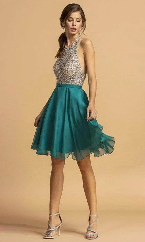 Trevi Collection - Bejeweled Halter A-Line Cocktail Dress S2140 - 1 pc Teal In Size XS Available