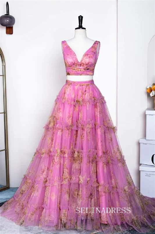 Two-Piece A-line Pink Ruffled Floral Long Prom Dress lps031