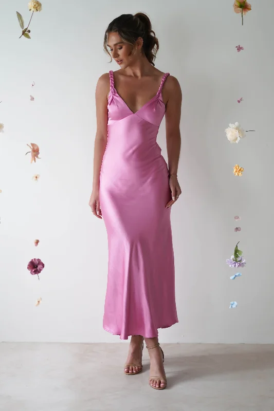 Bethanie Soft Satin Maxi Dress | Bright Pink Crew Neckline Casual