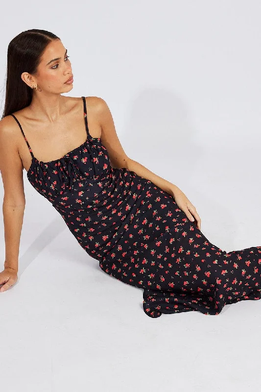 Black Floral Midi Dress Gathering Bust Sleeveless Tunics Trendy modern