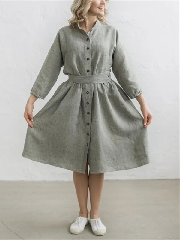 Casual Cotton Linen Single Breasted Midi Dresses Bodycon Club Sequined