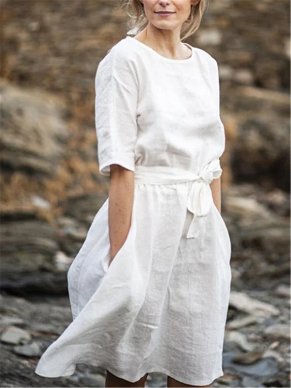 Casual Simple Pure Cotton Linen Midi Dresses Tunics Wedding white