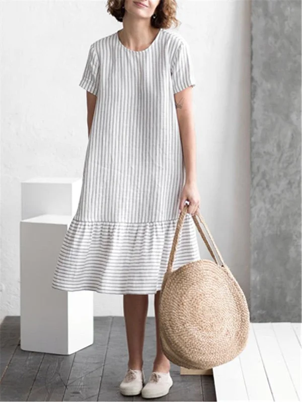 Fashion Cotton Linen Striped Stitching Loose Midi Dresses Tunics Print Colorful
