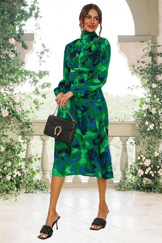 FS Collection Abstract Floral Print Long Sleeve Midi Dress In Green Tunics Chic fashionable