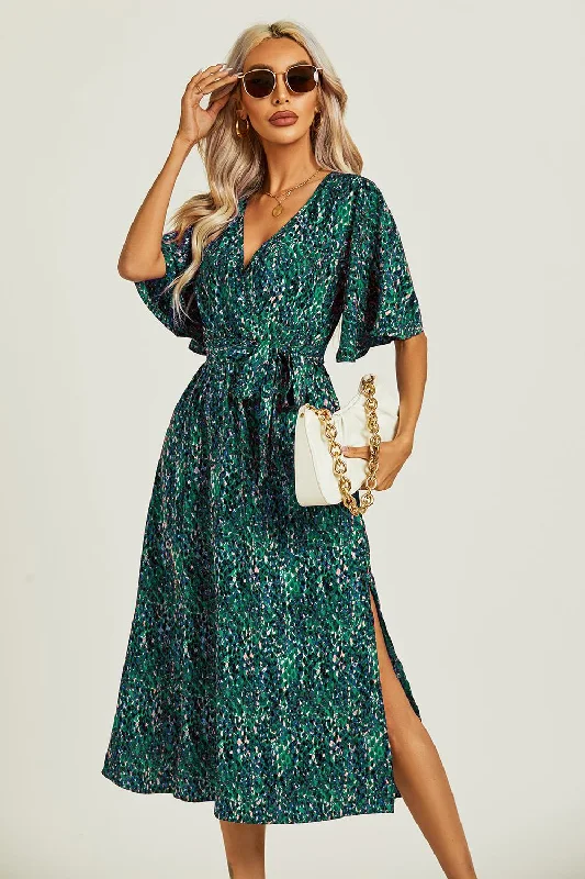 FS Collection Angel Sleeve Wrap Top Midi Dress In Green Tunics Exclusive limited