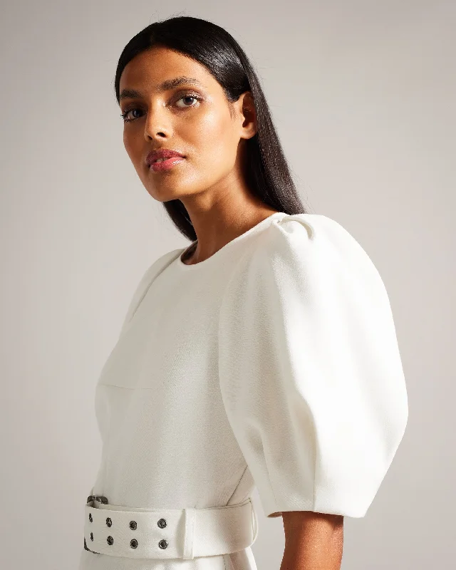 Gabyela Puff Sleeve Midi Dress With Belt White Cowl Neckline Elegant