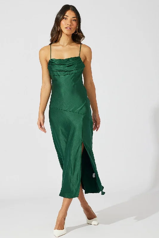 Green Satin Dress Cocktail Split Side Strappy Tunics Floral girly