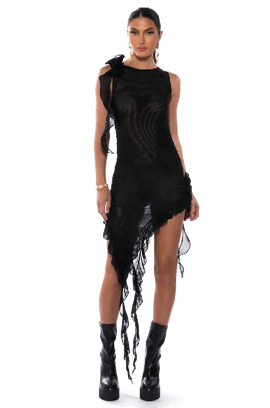 HAILEY SLEEVELESS ASYMMETRICAL RUFFLE MESH MIDI DRESS Shift Classic Vintage