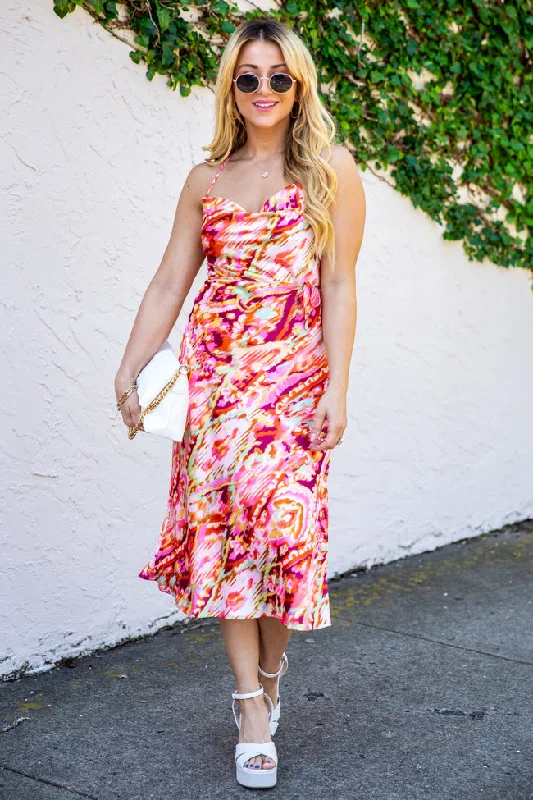 In Full Bloom Abstract Print Cowl Neck Satin Floral Midi Dress   FINAL SALE Pencil Office Professional