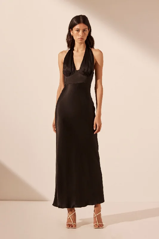 LA LUNE PLUNGED HALTER MIDI DRESS - BLACK sweetheart Neckline Romantic