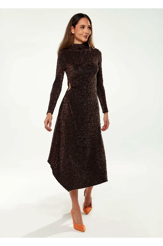 Liquorish Lurex High Neck Midi Dress In Bronze Turtleneck Neckline Stylish