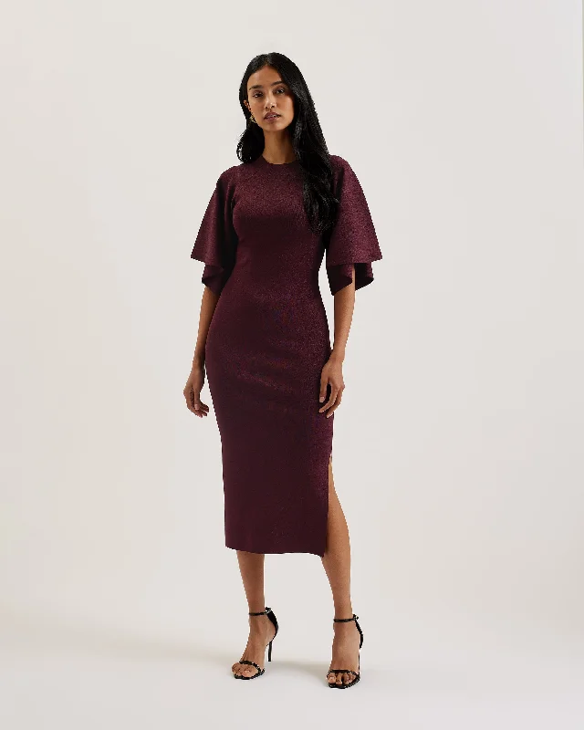 Louanaa Fluted Sleeve Lurex Bodycon Midi Dress Dk-Red Tunics Bridal satin