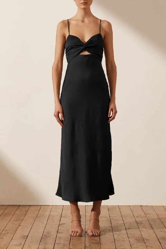 LUXE TWIST FRONT SLEEVELESS MIDI DRESS - ONYX Halter Neckline Beach