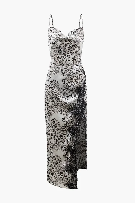 Leopard Print Lace Trim Slit Midi Dress Boatneck Modish Everyday