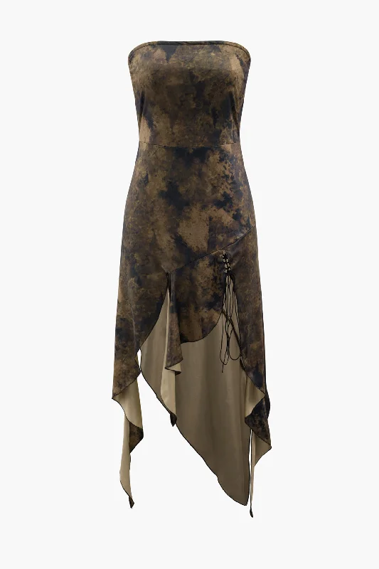 Tie Dye Asymmetric Ruffle Strapless Midi Dress Crew Neckline Sporty