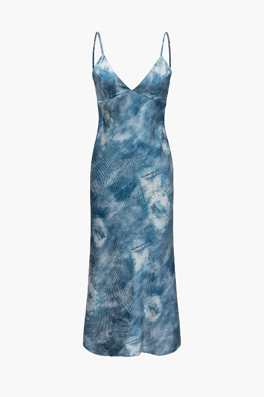 Tie Dye Backless V-Neck Midi Dress Tunics Satin smooth