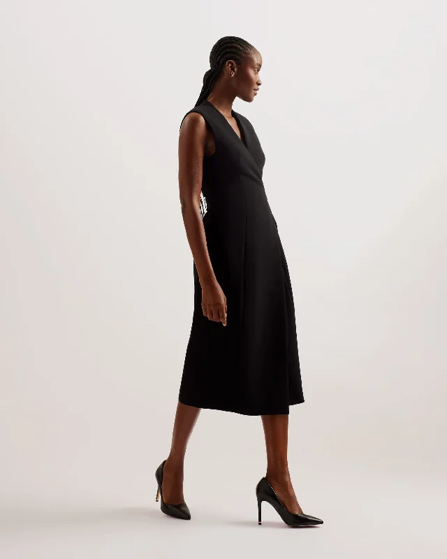 Molenaa Sleeveless Tailored Midi Wrap Dress Black Floral Print girly