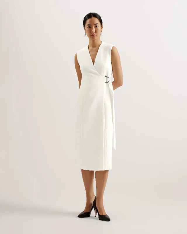 Molenaa Sleeveless Tailored Midi Wrap Dress Ivory Tunics Short Trendy