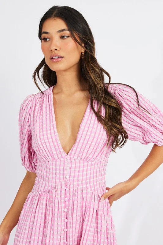 Pink Midi Dress Puff Sleeve Off-the-shoulder Chic Trendy