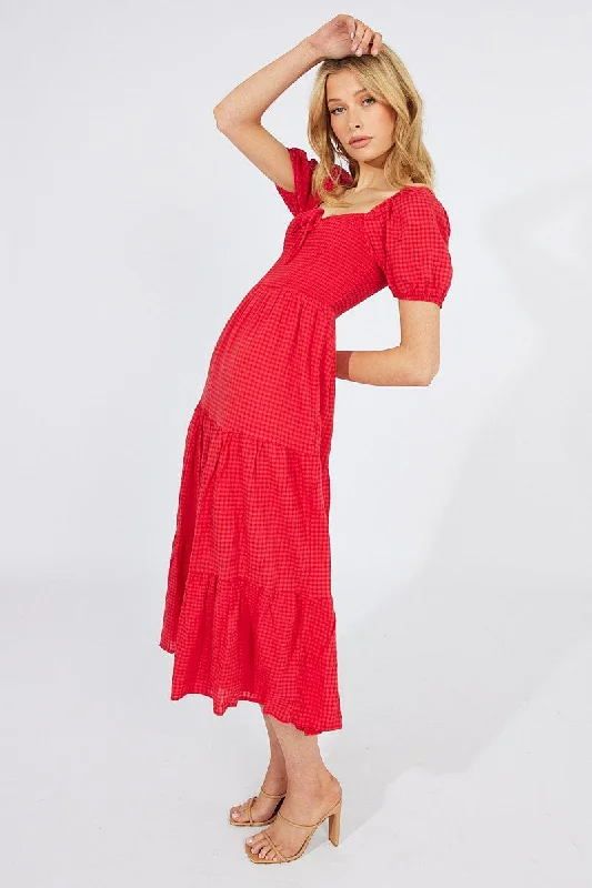Red Midi Dress Short Sleeve Shirred Elegant Long Evening