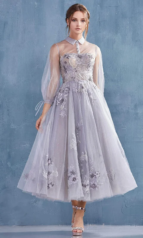 Andrea and Leo - A0862 Embroidered Lace Long Sleeve A-Line Dress Pleated Floral Skirt