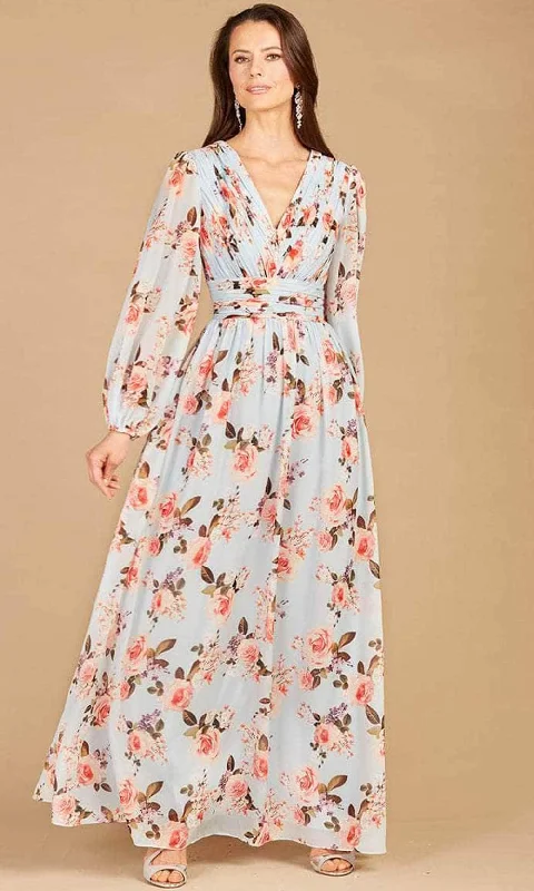 Lara Dresses 29248 - V-Neck Printed Long Sleeve Dress High-Waisted Skirt