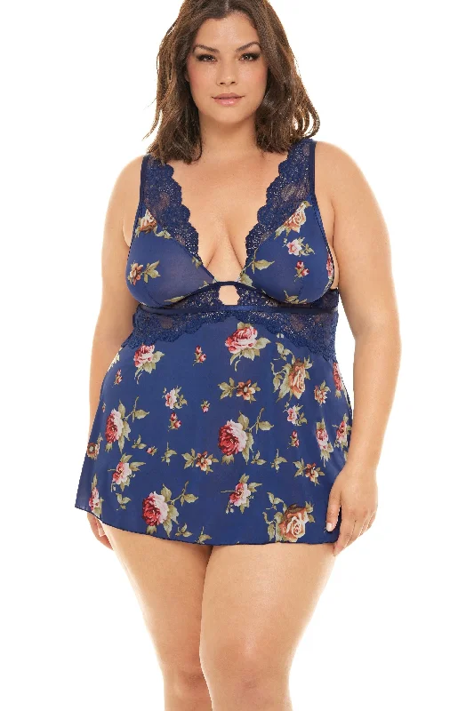 Plus Size Empire Waste Floral Print Babydoll With Deep V-Neckline Cute Floral Design