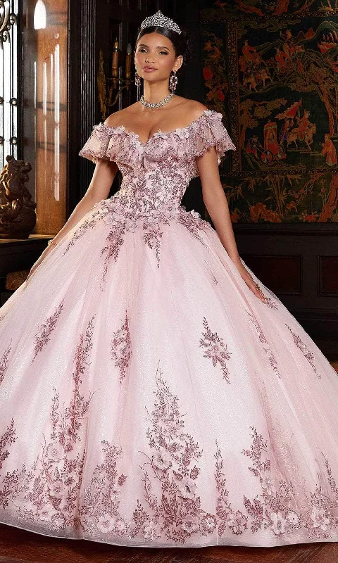 Mori Lee 89333 - Flutter Off Shoulder Bow Ballgown Sleek Floral Skirt