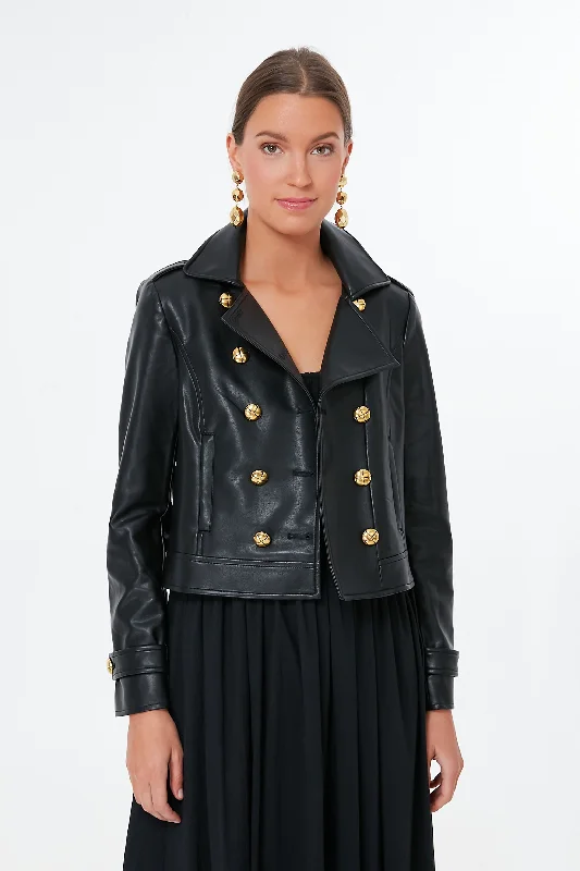 Black Vaughn Cropped Leather Jacket Drape Front Waterfall Coat
