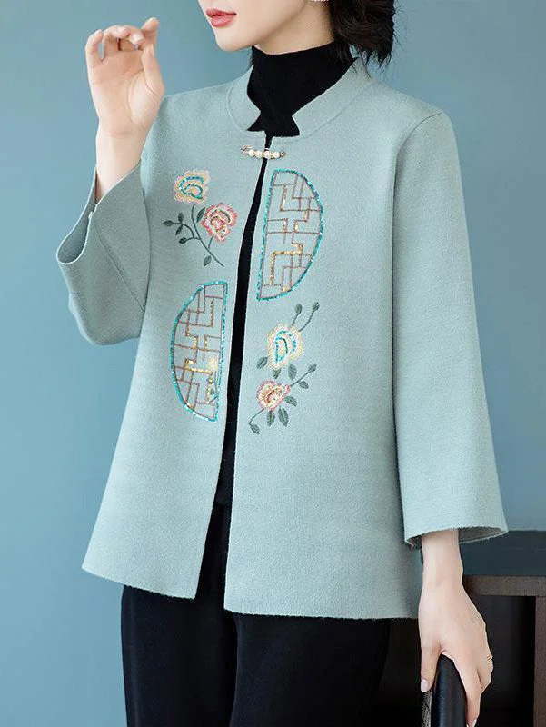 Blue Red Sequined Embroidered Mothers Women Knit Cardigan Jacket Chic Oversized Blazer