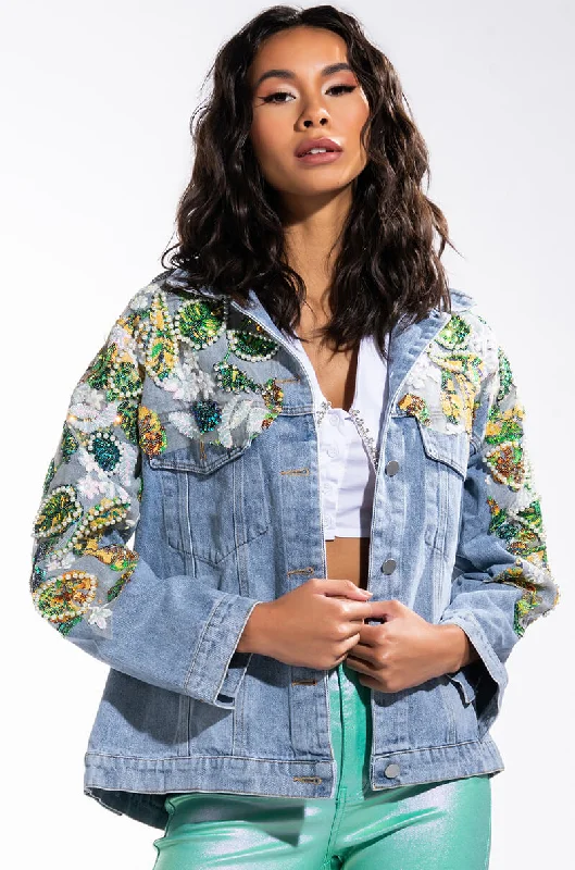 FLOWER EMBELLISHED DENIM JACKET Cardigan Sweater Pullover