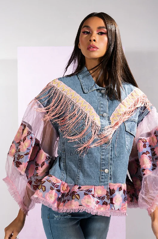 FRINGE EMBELLISHED DENIM JACKET Front Pockets Side Pockets Patch Pockets