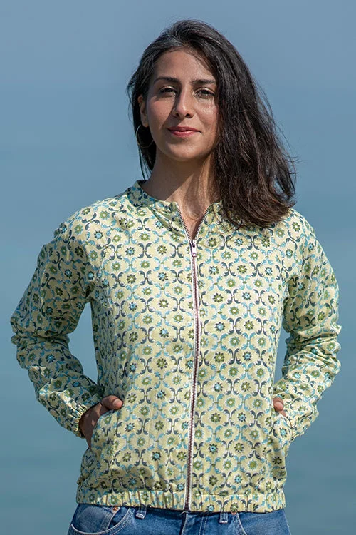 Okhai 'Melancholy' Pure Cotton Hand Block Printed Mirror Work Bomber Jacket Oversized Teddy Coat