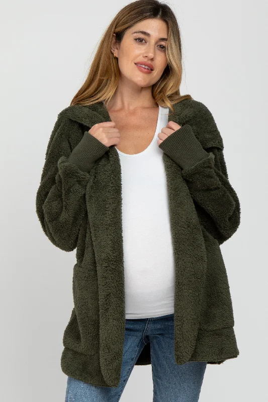 Olive Fuzzy Hooded Long Sleeve Maternity Jacket Suede Fringe Jacket