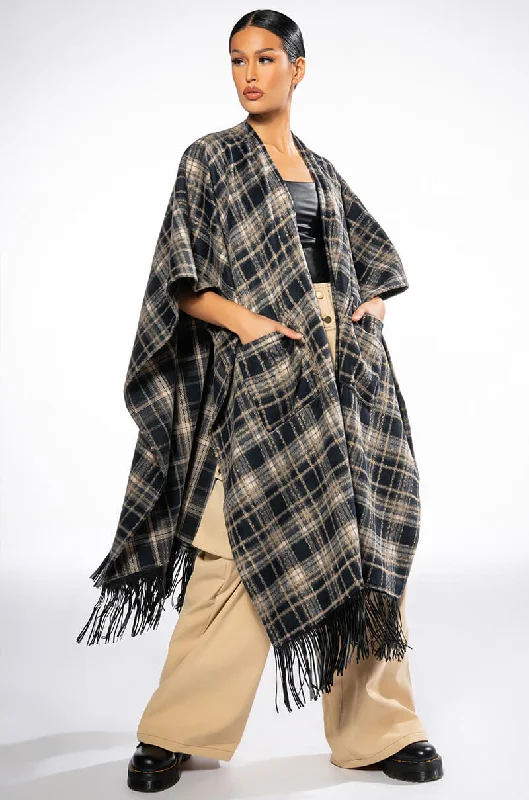 PLAID PU FRINGE PONCHO Rayon Jacket Velvet Jacket Corduroy Jacket