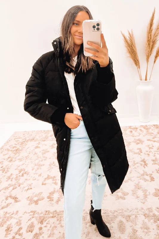 Sienna Longline Puffer Jacket Black Elasticated Jacket Padded Jacket Insulated Jacket
