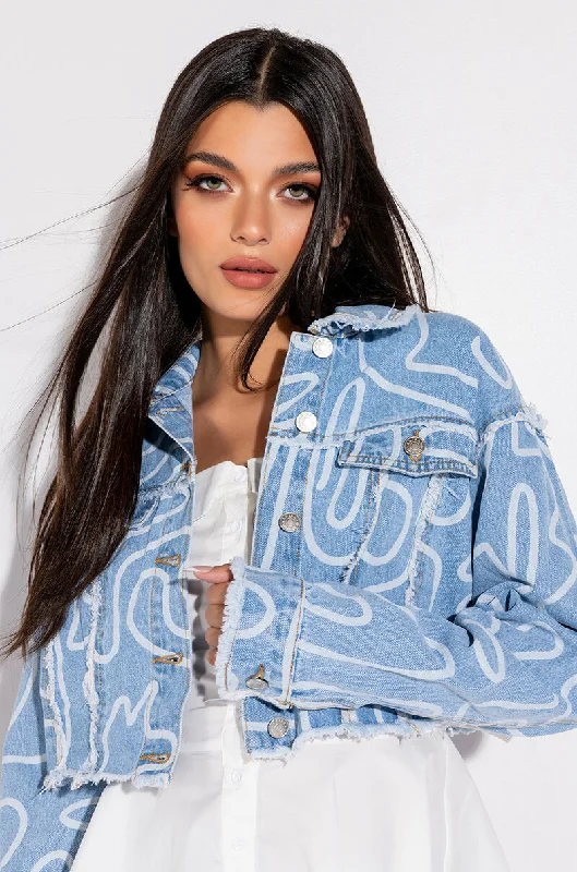 WIGGLE PRINT DENIM JACKET Hooded Jacket Caped Jacket Shawl Collar Jacket