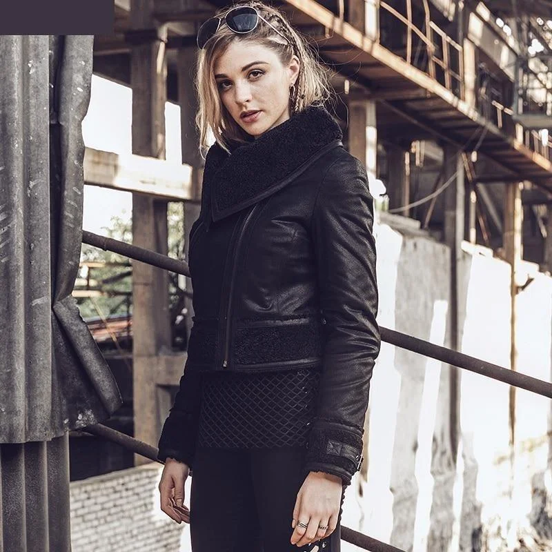 Women's Winter Pigskin Leather Faux Fur Shearling Motorcycle Jacket Trench Coat Raincoat Waterproof Jacket