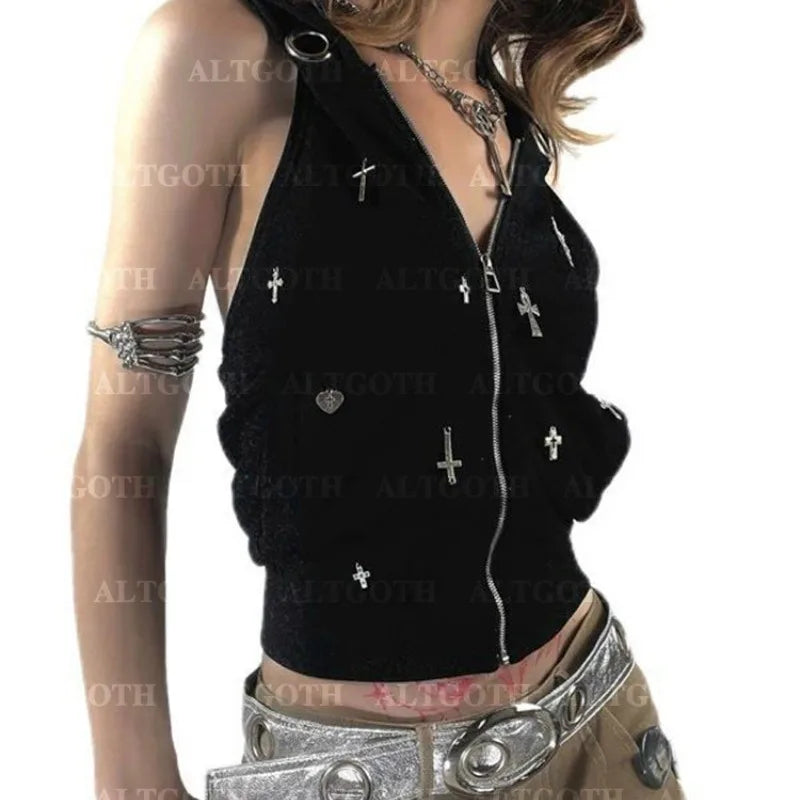 Cyberpunk Female Streetwear Gothic Cross Hooded Crop Tank Top Hoodie with Metallic Shiny Futuristic Cyberpunk Female Streetwear Gothic Cross Hooded Crop Tank Top Hoodie with Metallic Shiny Futuristic