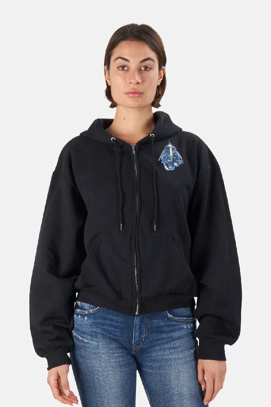 Cosmic Trip Crop Zip Hoodie Black Hoodie with Embroidery Detailed Premium