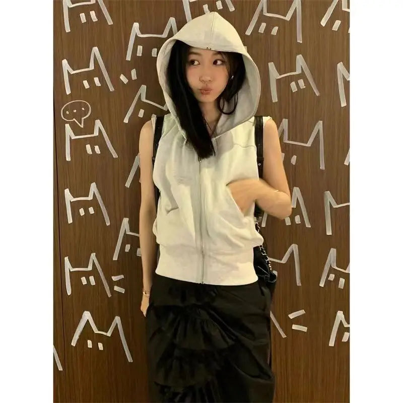Japanese Women's Vintage Hooded Tank Top Hoodie with Camouflage Military Edgy