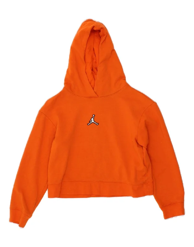 JORDAN Girls Graphic Hoodie Jumper 8-9 Years Small Orange Cotton Hoodie with Color Block Contrast Stylish JORDAN Girls Graphic Hoodie Jumper 8-9 Years Small Orange Cotton Hoodie with Color Block Contrast Stylish