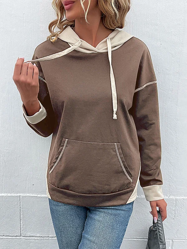 New Women's Long-sleeved Casual Color Block Sweater Hoodie with Snap Buttons Easy Quick