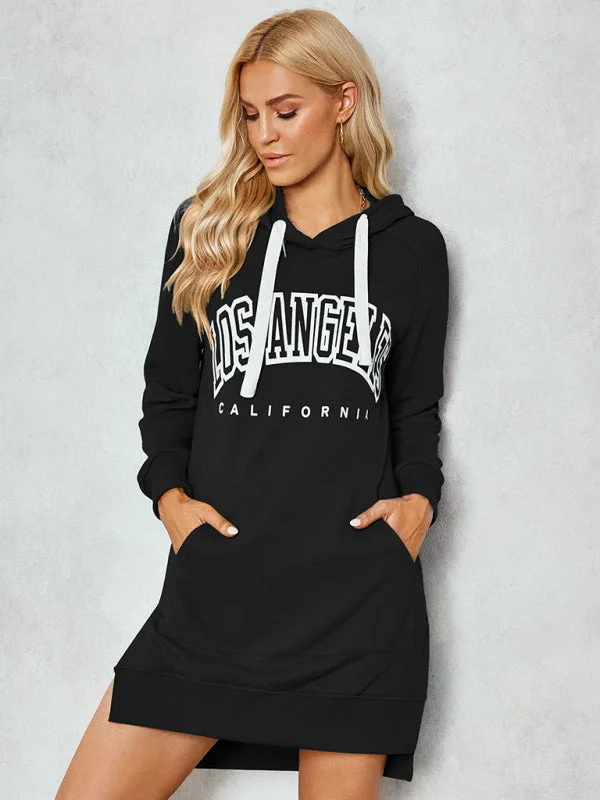 Women's Lettered Print Hooded Skirt Dress Hoodie with Strings Custom Fit Adjustable
