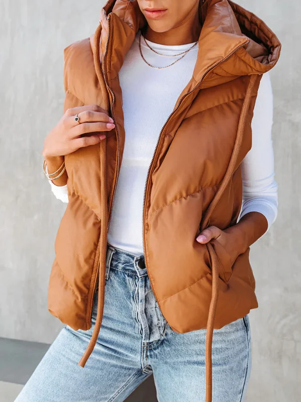Women's Loose Thickened Short Hooded Down Cotton Sleeveless Double Pocket Vest Hoodie with V-Neck Classic Versatile Women's Loose Thickened Short Hooded Down Cotton Sleeveless Double Pocket Vest Hoodie with V-Neck Classic Versatile