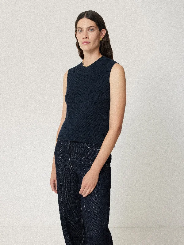 Cotton Blend Crew Tank | Navy Elegant High-Neck Knit