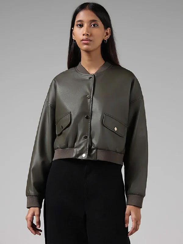 Nuon Solid Olive Leather Jacket High-End Women's Suit