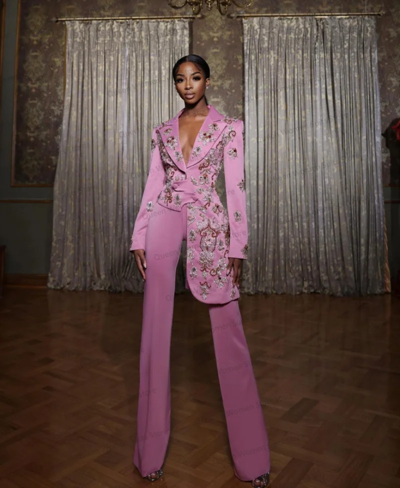 Pink Women Suits Office Set Blazer+Pants Mother of the Guest Dresses Irregular Hem Applique Beads Jacket 2 Pieces Custom Made Women's High-End Blazer