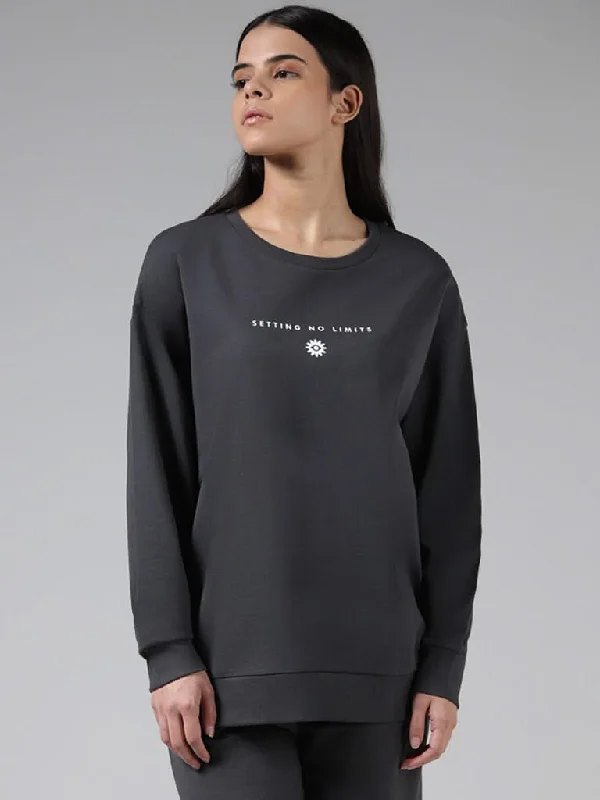 Studiofit Grey Typographic Printed Cotton Sweatshirt Women's Luxurious Jacket