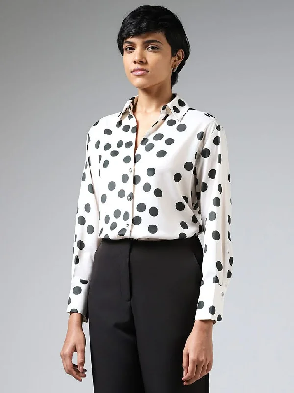 Wardrobe White Polka Dot Printed Shirt Women's Premium Blazer